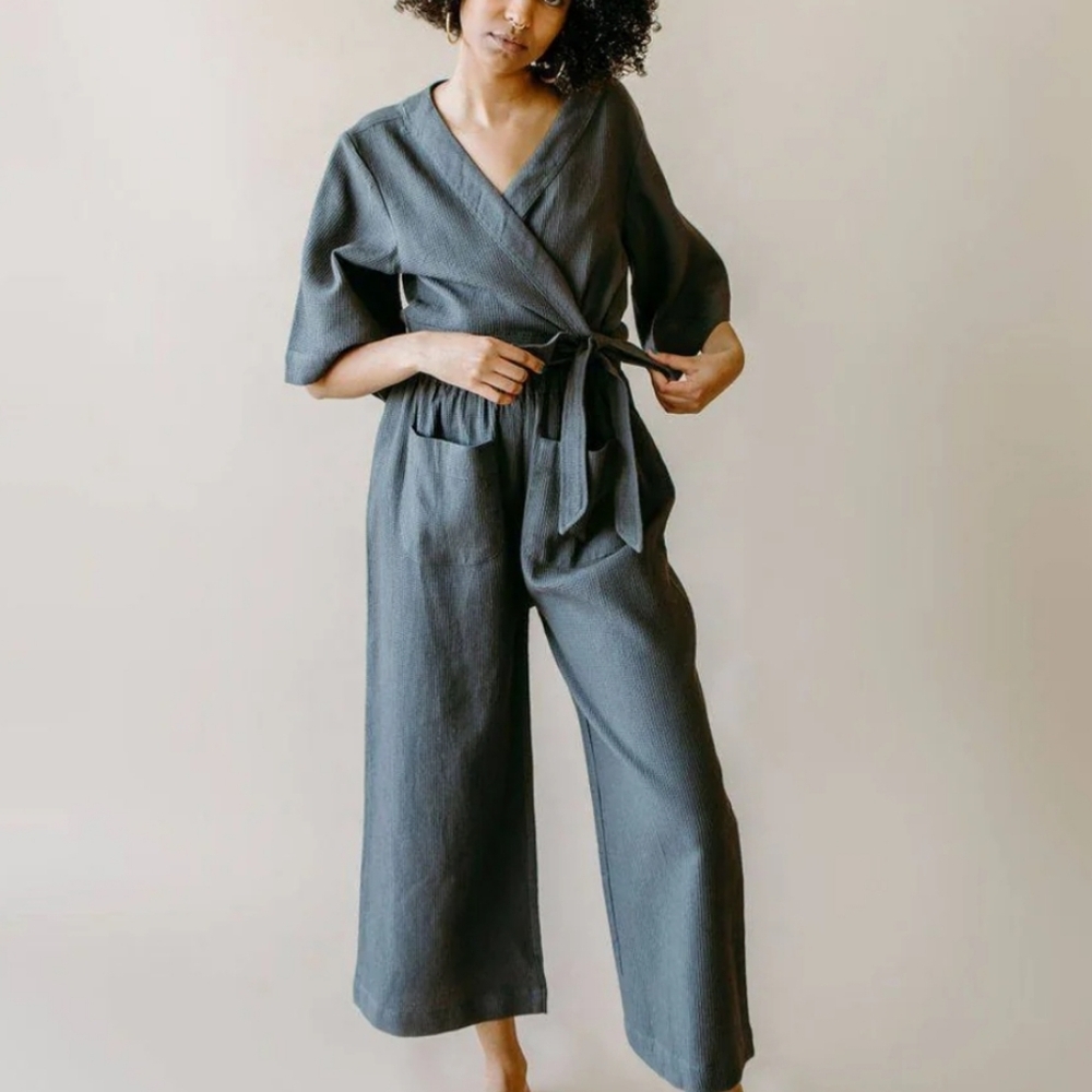 Ivy Marie Waffle Wide Leg Organic Cotton Jumpsuit Loungewear Resort Vacation